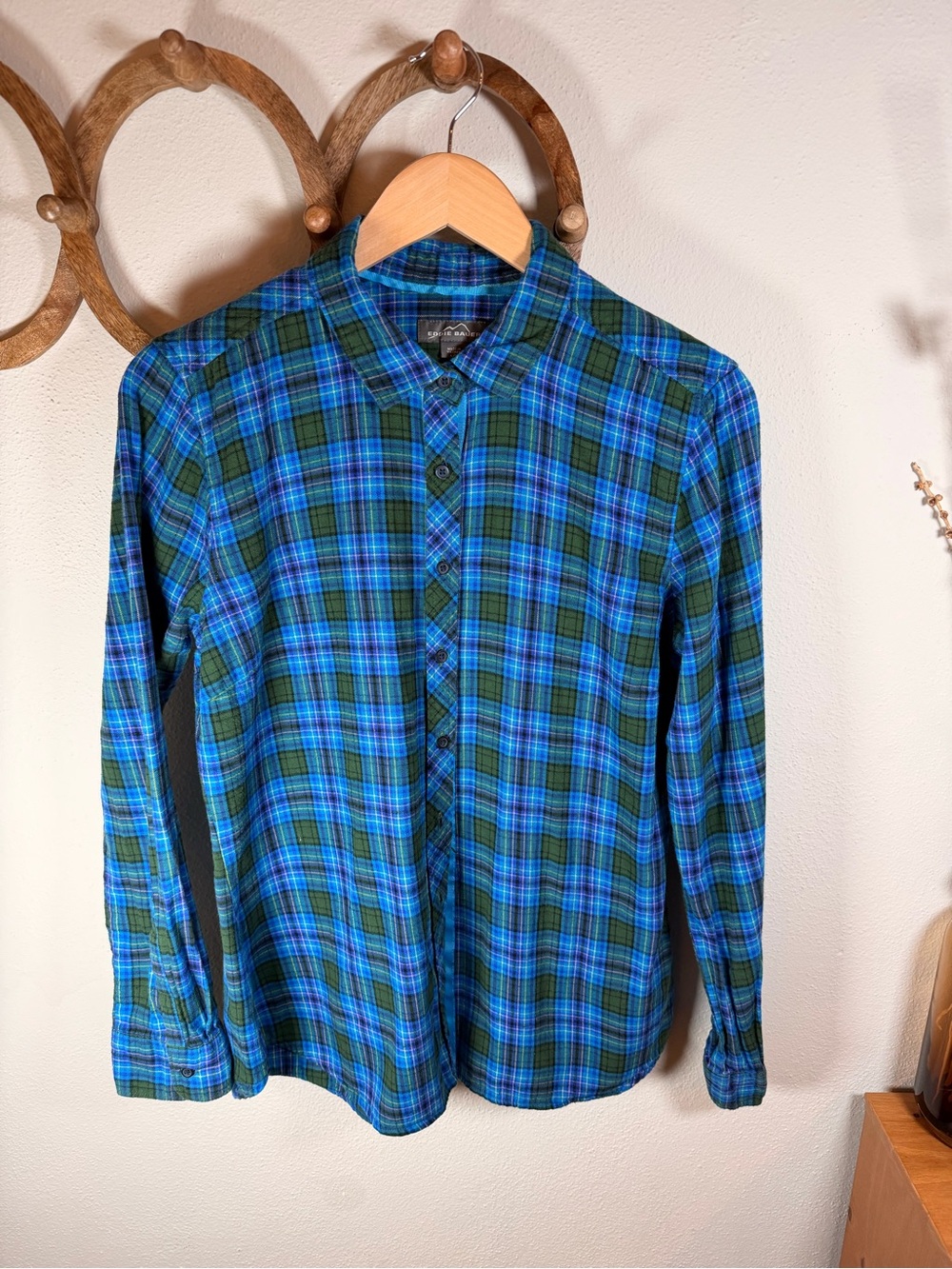 Eddie Bauer Blue Green Plaid Cotton Flannel Shirt Women’s L